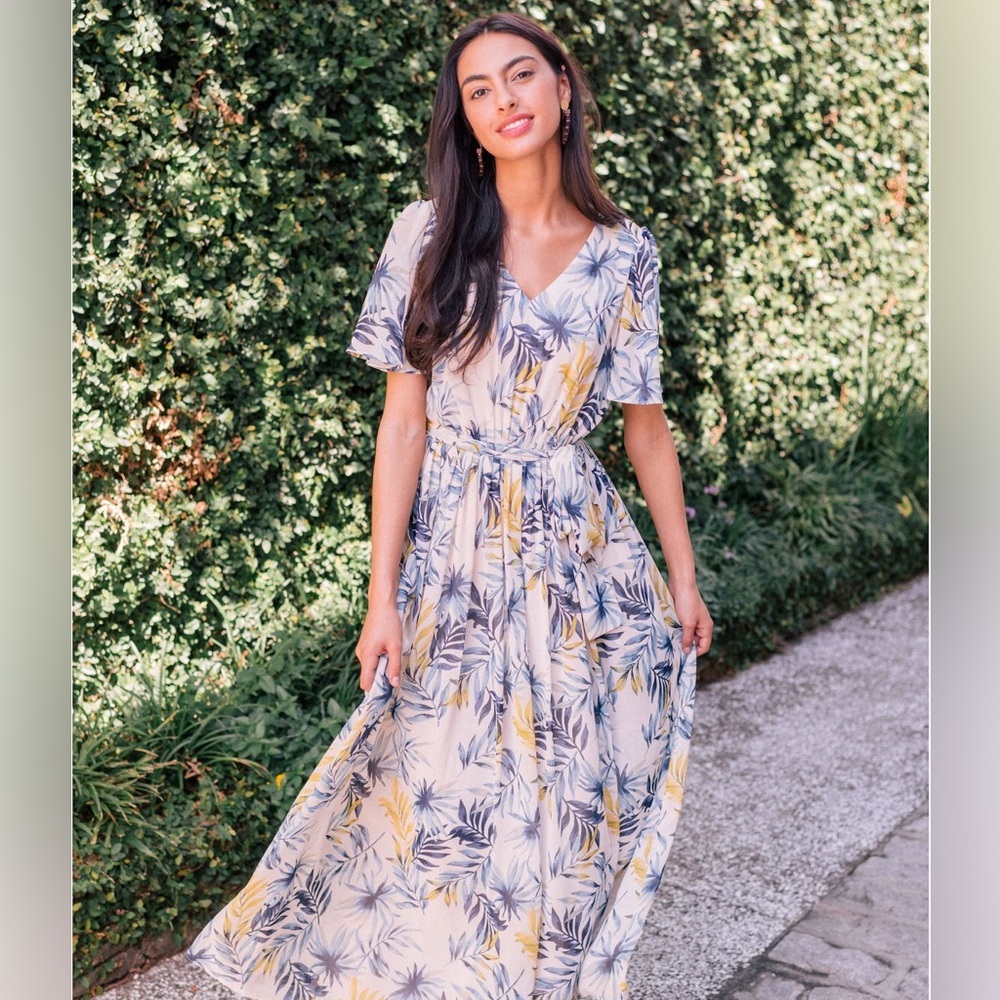GAL MEETS GLAM Kiki Chiffon Flutter Sleeve Maxi Dress Blue Gold Leaf Sz 6 #109